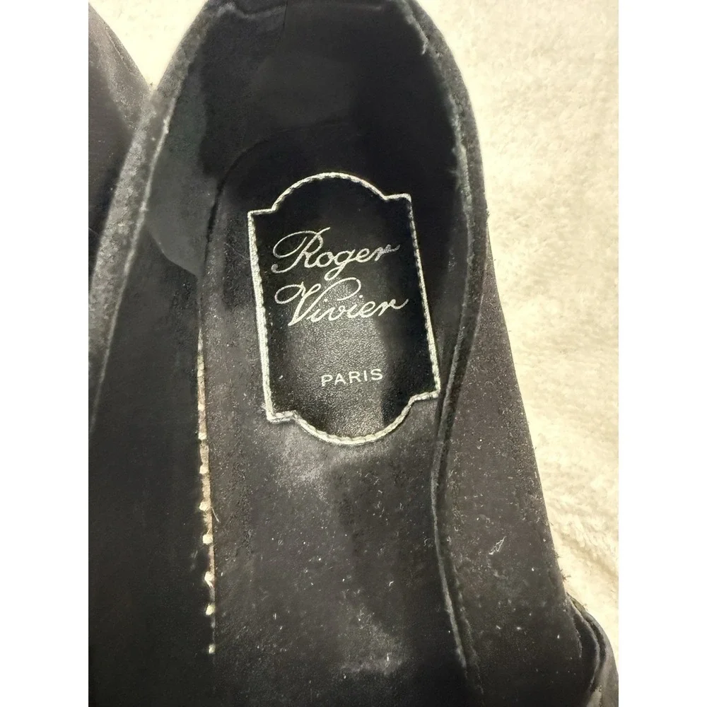 Authentic Roger Vivier Paris Black Satin Espadrilles Crystal Buckle Flats US 7